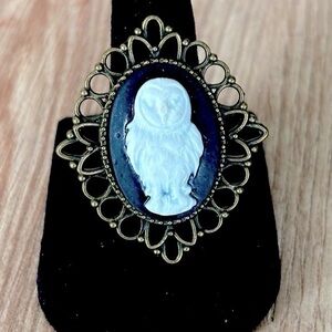 Black and White Owl Cameo Adjustable Ring Handmade Victorian NWT